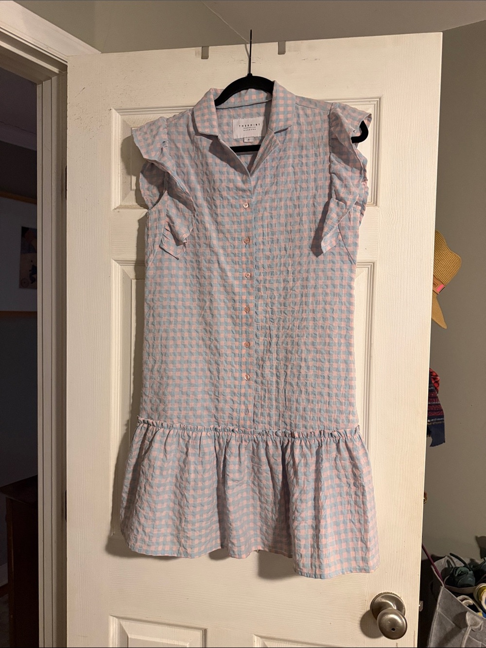Light Blue and Pink women’s Gingham Button-Front Dress - Picture 1 of 1
